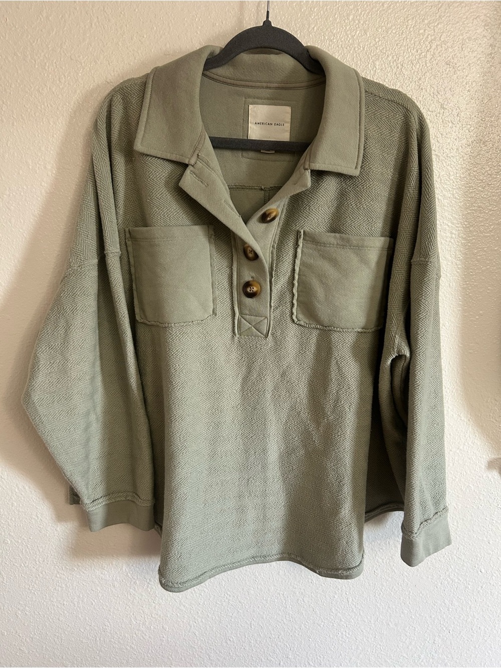 AE Textured Collard Henley Oversized Sage Green Pullover Womens S